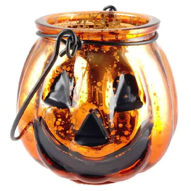 Home Decoration Orange Halloween Glass Pumpkin Candle Holders with Metal Hanger