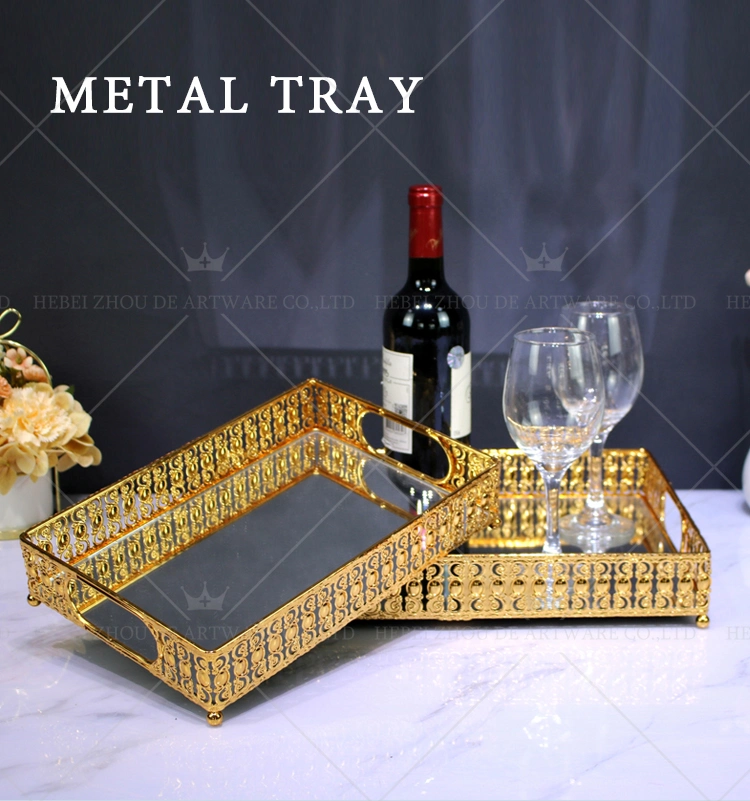 Wholesale Gold Mirrored Victorian Tray with Handles Light Luxury Metal Mirror Glass Tray for Wedding Home Decor