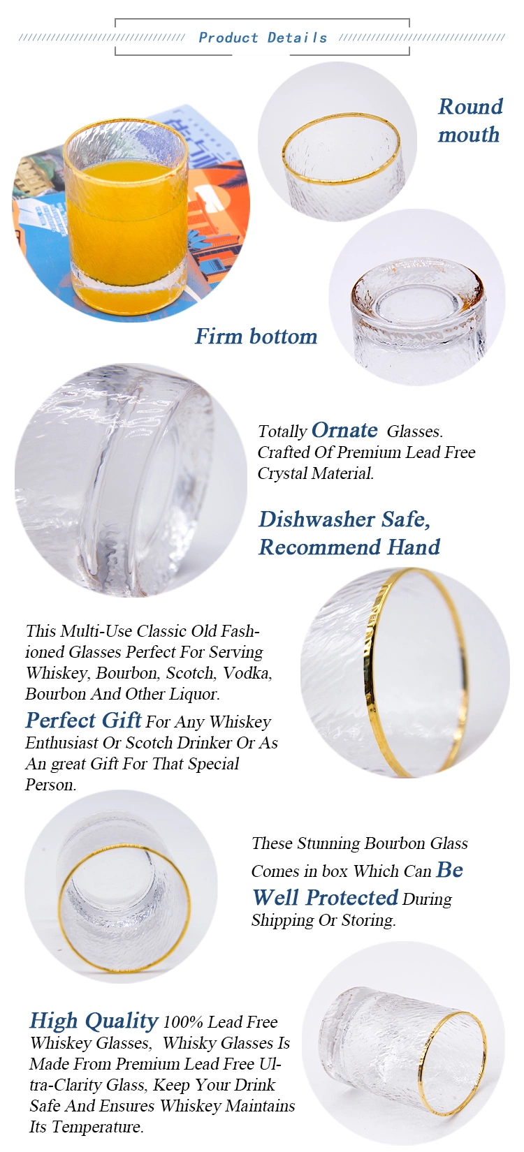 Luxury Gold Rim Glassware Elegant Whisky Glass Tumbler Customized Patteren Glassware Glass Cup for Bar Hotel