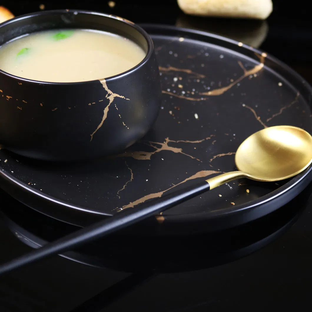 Manufacturer Ceramic Tableware Crockery Stoneware Plates Bowls Black Marble Dinner Set