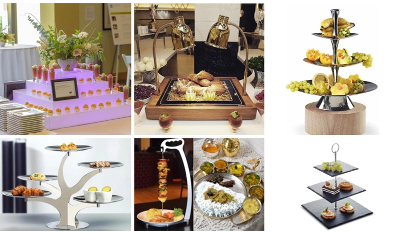 Hotel Buffet Display Racks 3 Tiers Decorative Sweet Cupcake Display Square Party Wedding Acrylic Tube White Plates Stainless Steel Buffet Riser Cake Stand