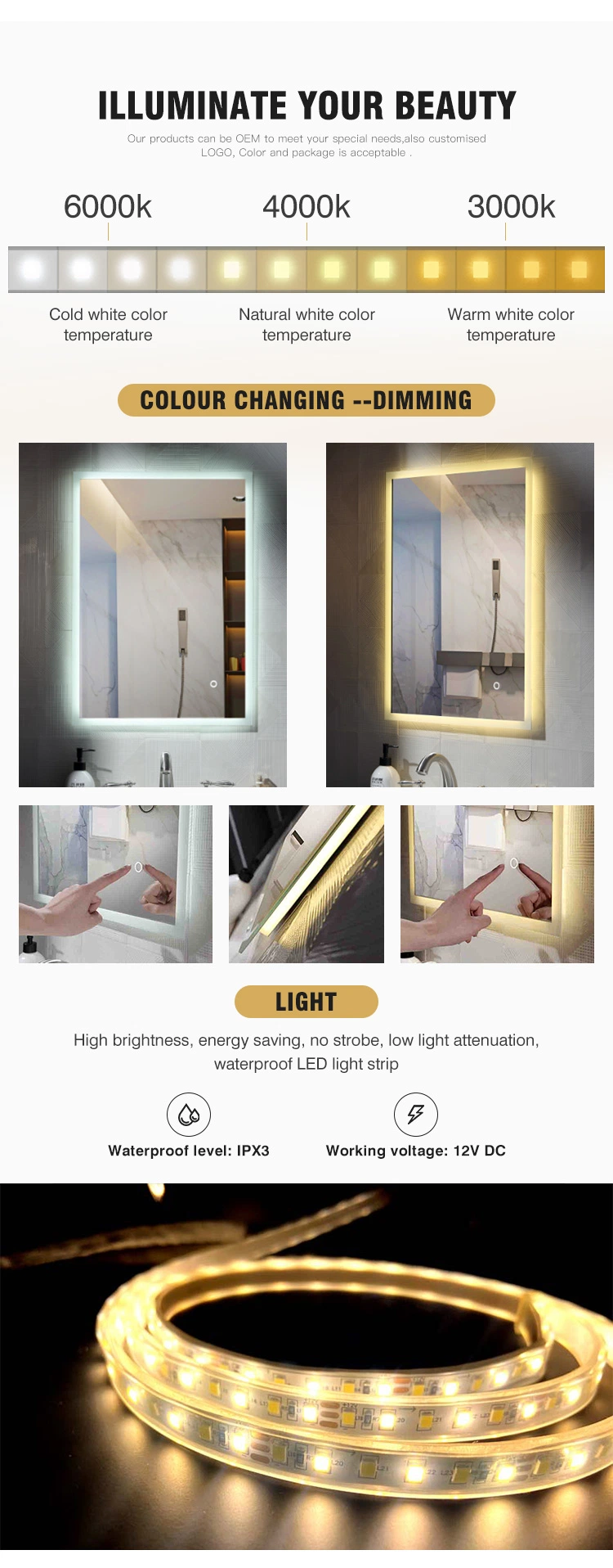 Factory Wholeasle Supplier Dimming Home Decoration Beauty Salon Furniture Wall Mounted LED Smart Makeup Hotel Bathroom Mirror with Defog and Digital Clock