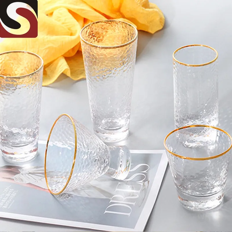 Hammerhead Pattern Gold Rimmed Water Glass Cup for Fruit and Candy Drinking Glass Creative Glass